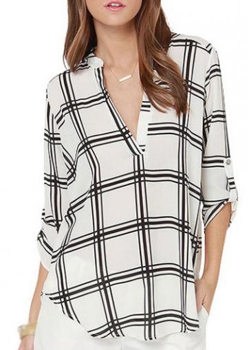 Rosewe Plaid Print Long Sleeve V Neck Chiffon Blouse