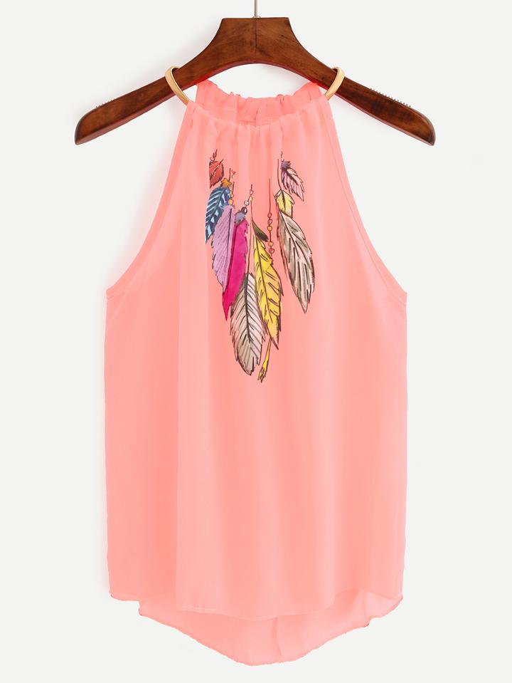 Shein Pink Keyhole Halter Neck Feather Print Top