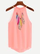 Shein Pink Keyhole Halter Neck Feather Print Top