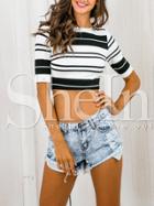 Shein White Black Half Sleeve Striped Crop Top