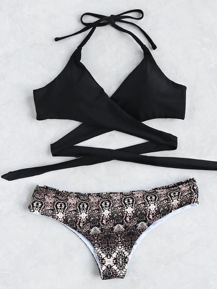 Shein Halter Wrap Knotted Top With Print Bottom