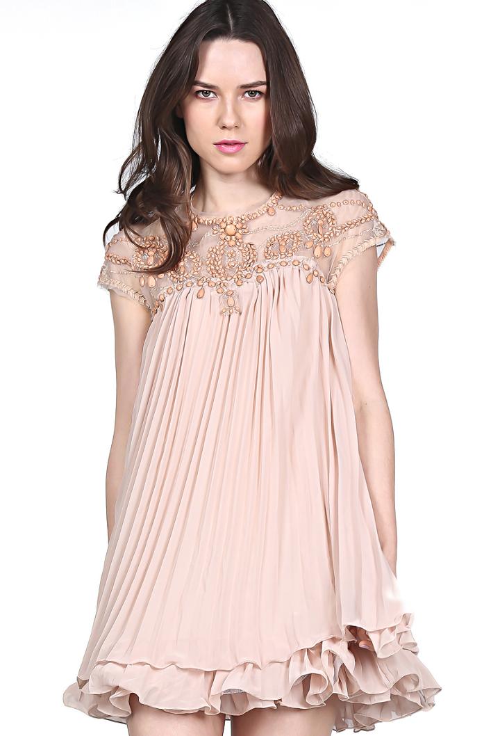 Shein Apricot Short Sleeve Lace Luxury Deluxe Pleated Chiffon Dress