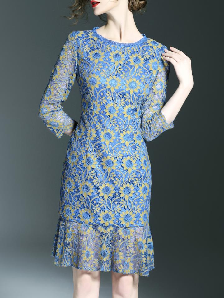 Shein Blue Flowers Lace Frill Dress