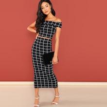 Shein Grid Crop Bardot Top & Skirt Co-ord