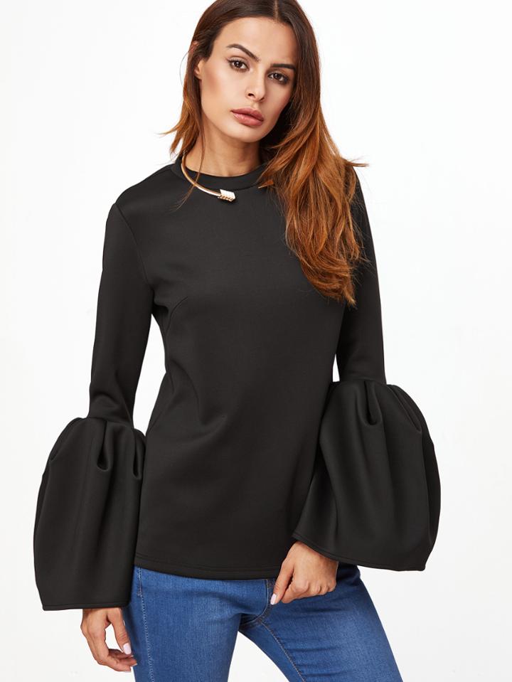 Shein Black Bell Sleeve Keyhole Back Blouse
