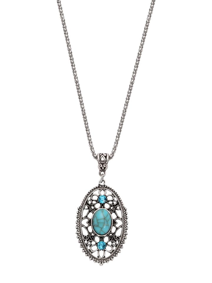 Shein Antique Silver Turquoise Inlay Etched Cutout Necklace