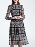 Shein Black Tie Neck Gauze Print Knee Length Dress