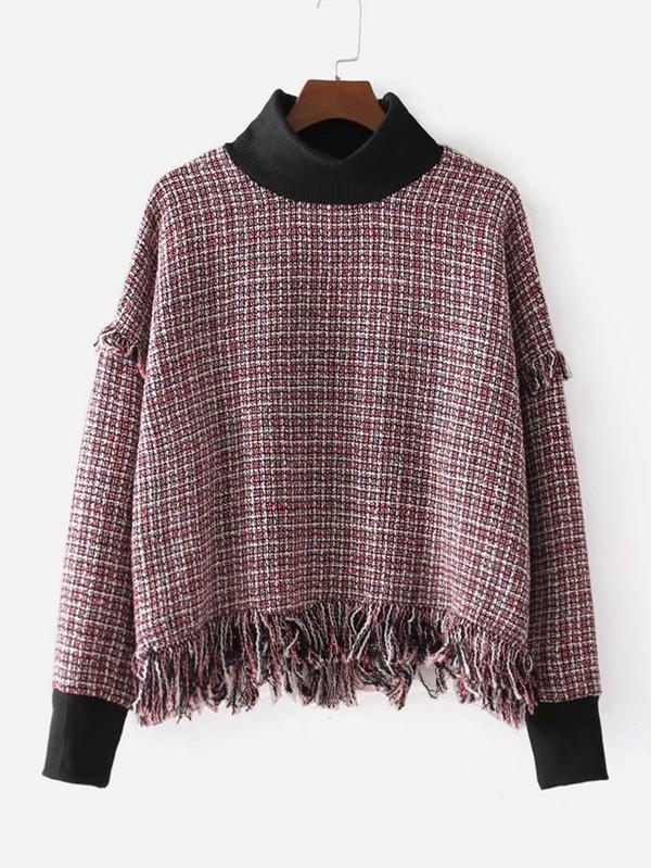Shein Contrast Trim Fringe Hem Tweed Top