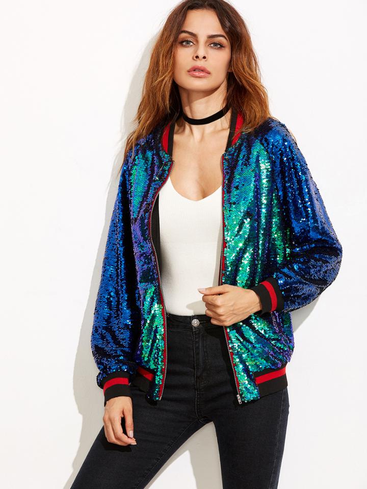 Shein Iridescent Sequin Striped Trim Bomber Jacket