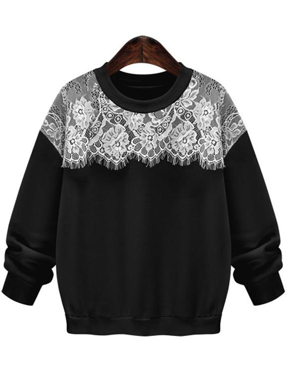 Shein Black Lace Splicing Thicken Sweatshirt