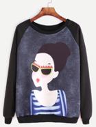 Shein Black Raglan Sleeve Girl Print Sweatshirt