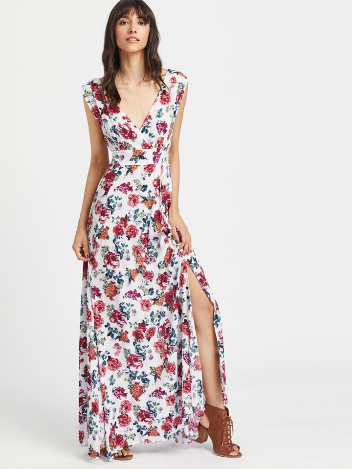Shein Cap Sleeve Tie Back Surplice Plunging Slit Dress