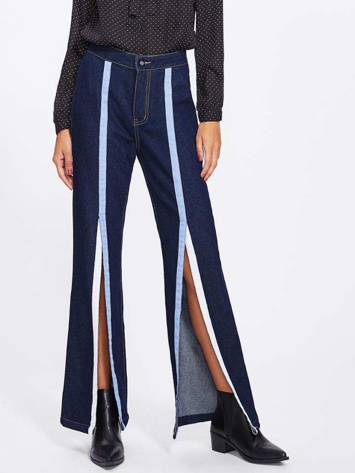 Shein Slit Striped Front Flare Hem Jeans