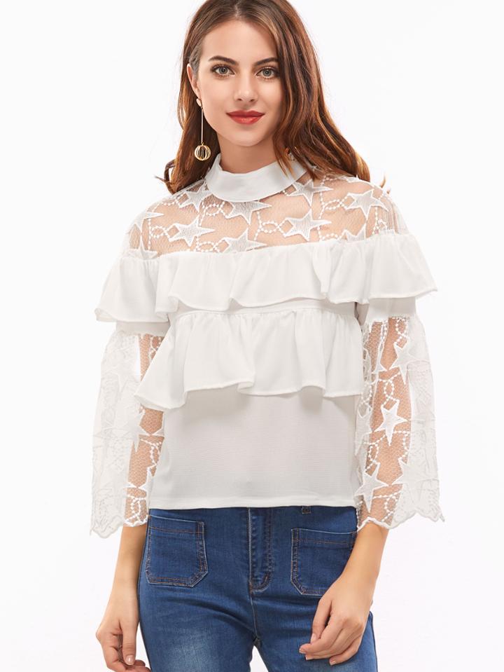 Shein White Contrast Embroidered Lace Keyhole Back Ruffle Blouse