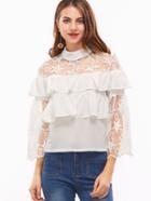 Shein White Contrast Embroidered Lace Keyhole Back Ruffle Blouse
