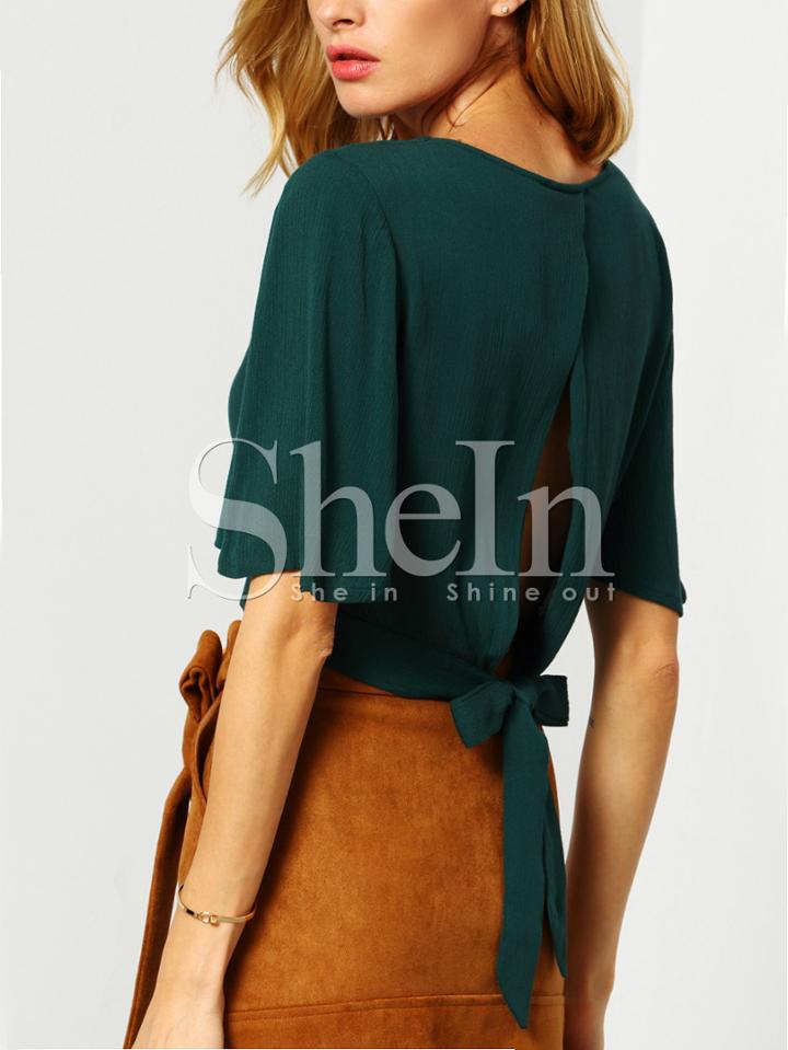 Shein Dark Green Batwing Sleeve Knotted Crop Top