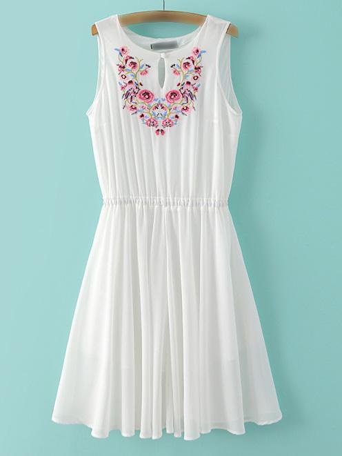 Shein White Sleeveless Embroidery Key-hole Front Chiffon Dress