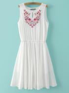 Shein White Sleeveless Embroidery Key-hole Front Chiffon Dress