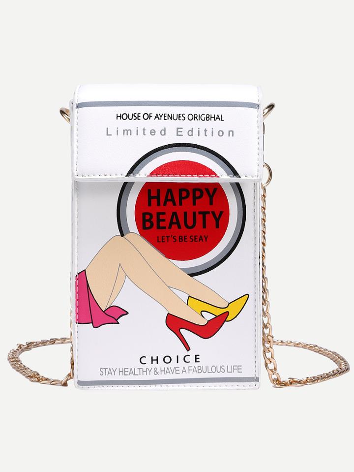 Shein White Printed Box Crossbody Bag With Chain