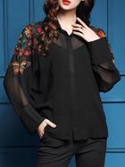 Shein Black Lapel Flowers Embroidered Sheer Blouse