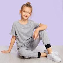 Shein Girls Pearl Beading Top & Pants Set