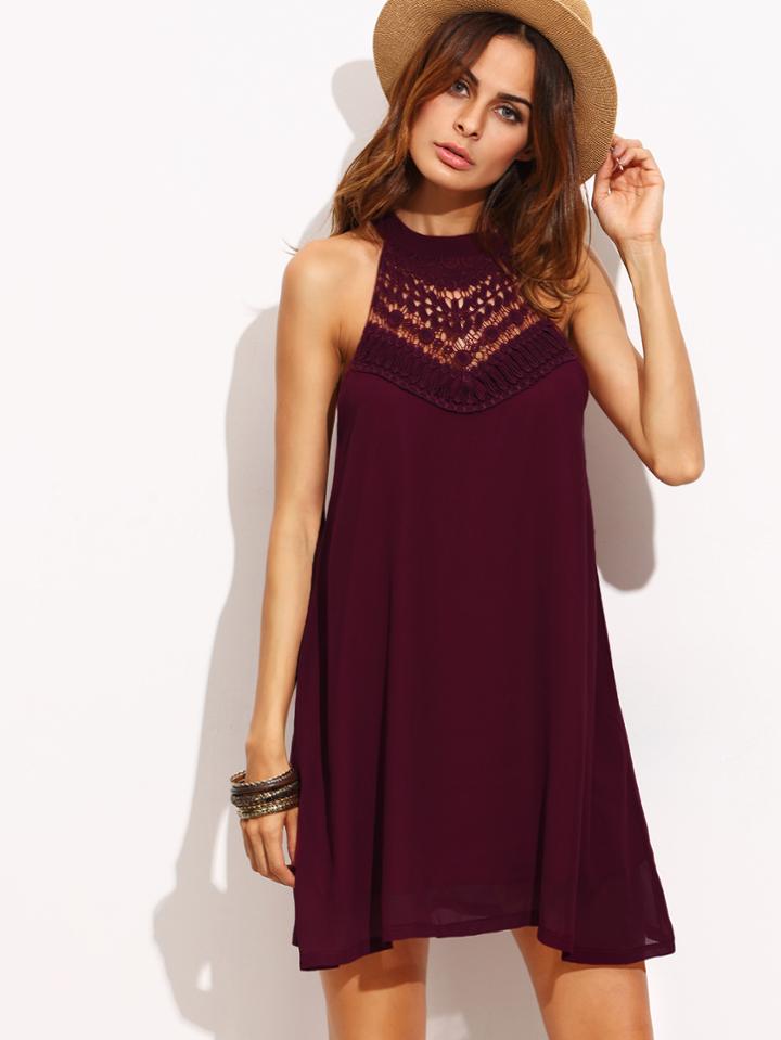 Shein Crochet Insert Keyhole Halter Swing Dress