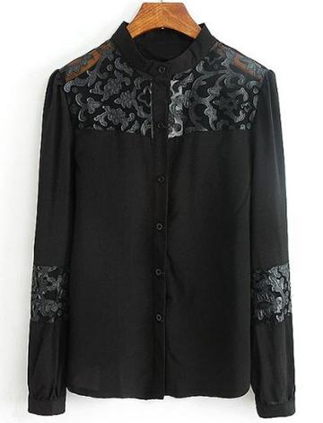 Shein Black Contrast Hollow Stand Collar Chiffon Blouse