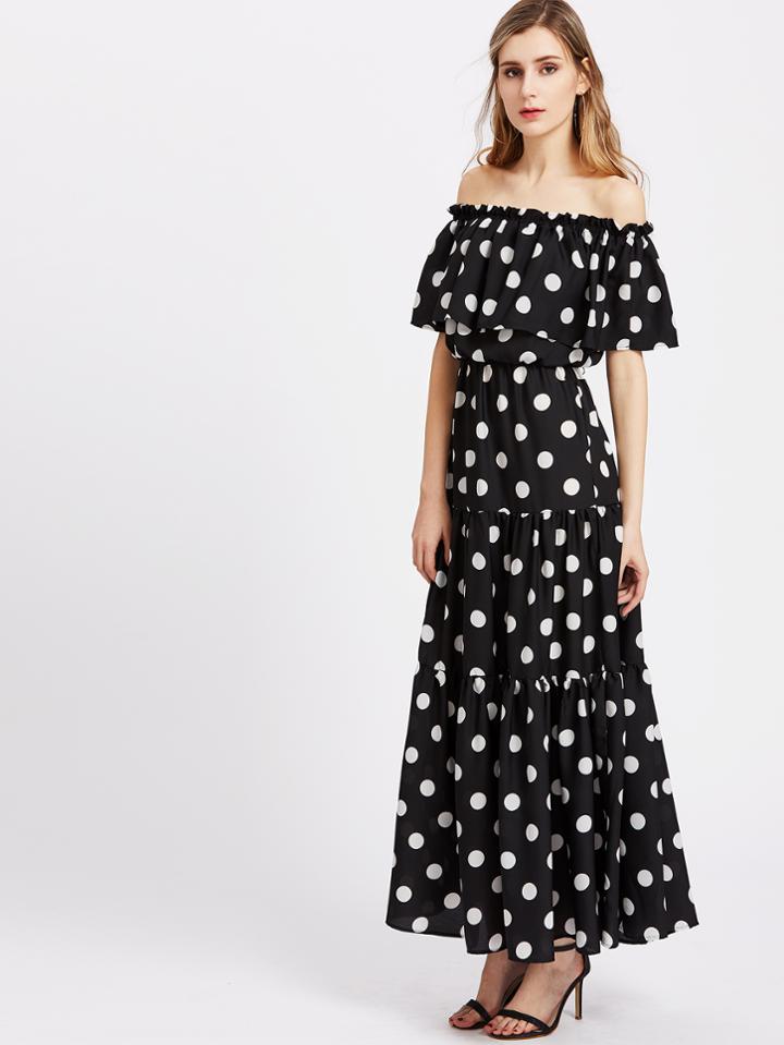 Shein Polka Dot Print Tiered Flounce Bardot Dress