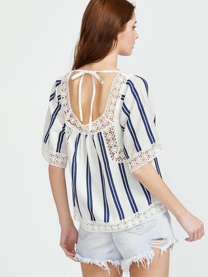 Shein Striped Contrast Crochet Lace Top