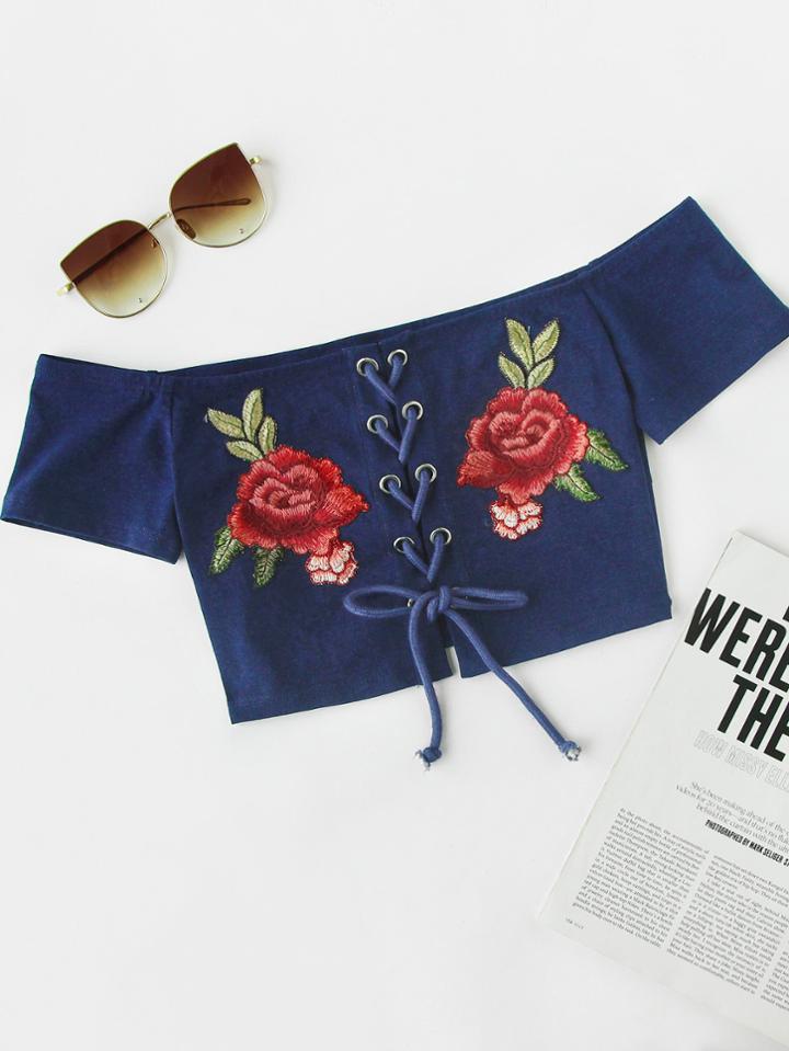 Shein Rose Patch Lace Up Crop Bardot Top