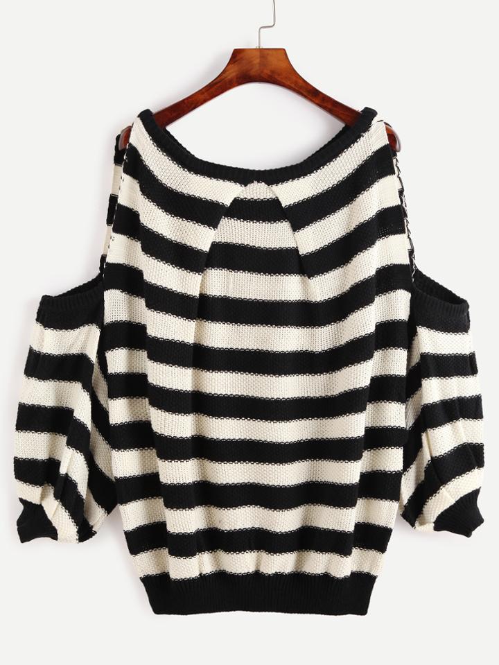 Shein Black And White Striped Cold Shoulder Lantern Sleeve Sweater