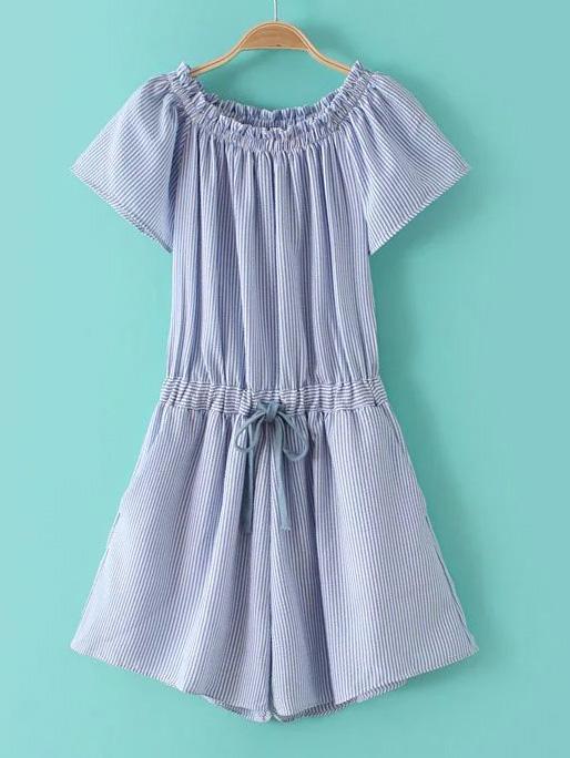 Shein Blue Smock Stripe Drawsting Siamese Trousers