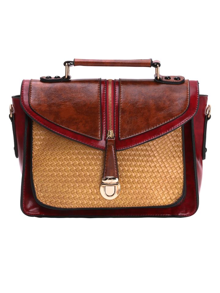 Shein Color Block Braided Zip Embellished Satchel - Red