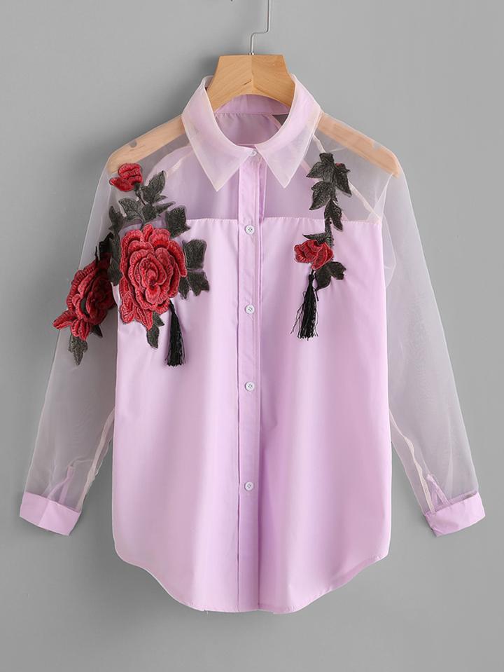 Shein Embroidered Appliques Tassel Detail Shirt With Sheer Mesh Panel