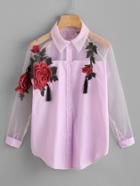 Shein Embroidered Appliques Tassel Detail Shirt With Sheer Mesh Panel