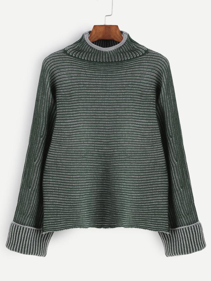 Shein Contrast Striped Turtleneck Cuffed Sweater