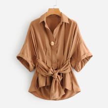 Shein Drop Shoulder Knot Front Dip Hem Blouse