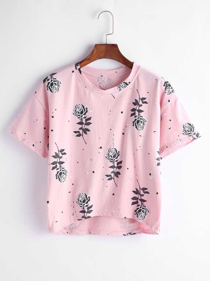 Shein Dropped Shoulder Roses Print Dip Hem T-shirt