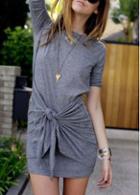 Rosewe Grey Half Sleeve Twisted Front Sheath Dress