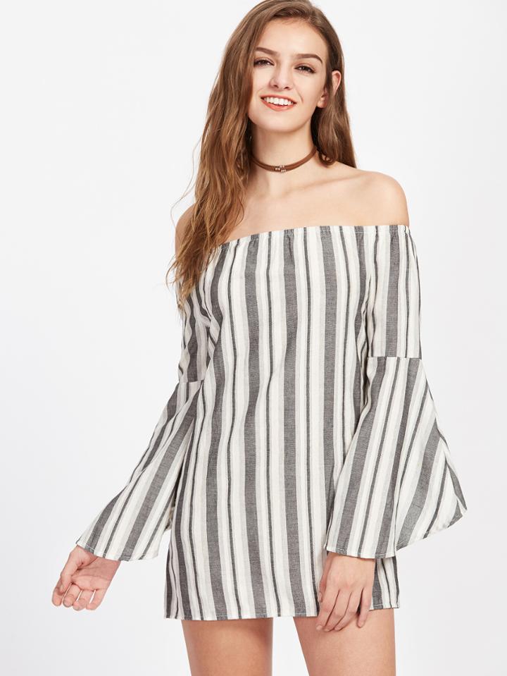 Shein Bardot Striped Bell Sleeve Dress