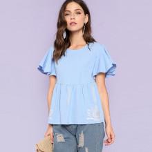 Shein Flutter Sleeve Embroidered Smock Top