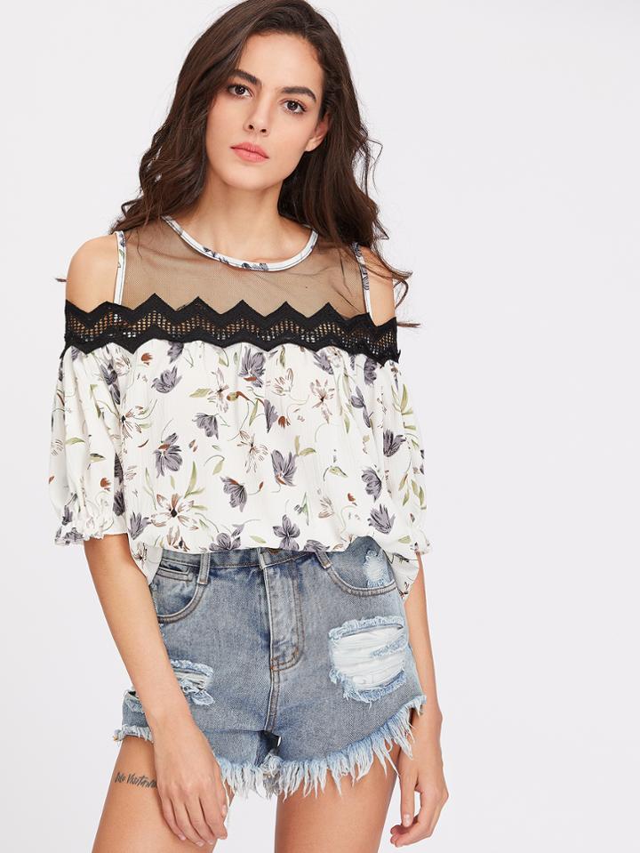 Shein Open Shoulder Contrast Mesh Ditsy Print Top