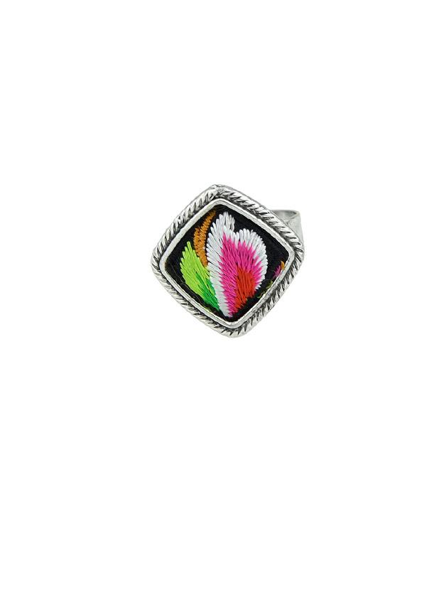 Shein Red Handmade Embroidery Flower Pattern Square Boho Rings