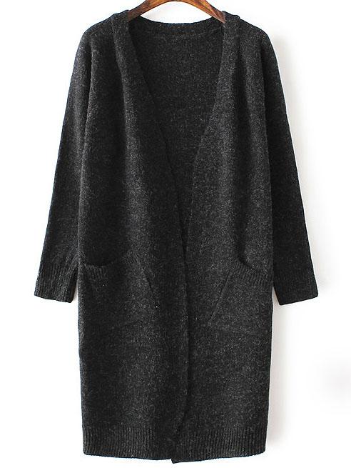 Shein Black Collarless Ribbed Trim Long Cardigan With Pockets