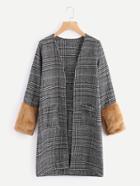 Shein Tartan Plaid Faux Fur Contrast Sleeve Coat
