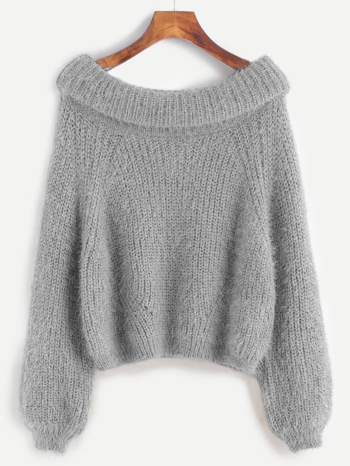 Shein Grey Boat Neck Foldover Fuzzy Sweater