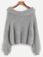 Shein Grey Boat Neck Foldover Fuzzy Sweater