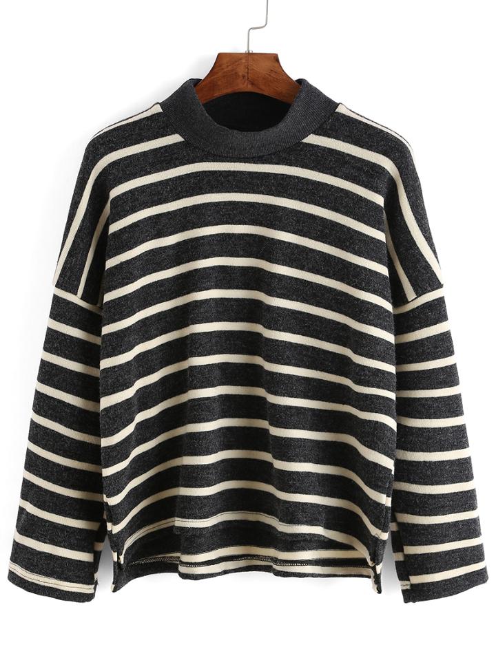 Shein Black White Mock Neck Striped Loose T-shirt