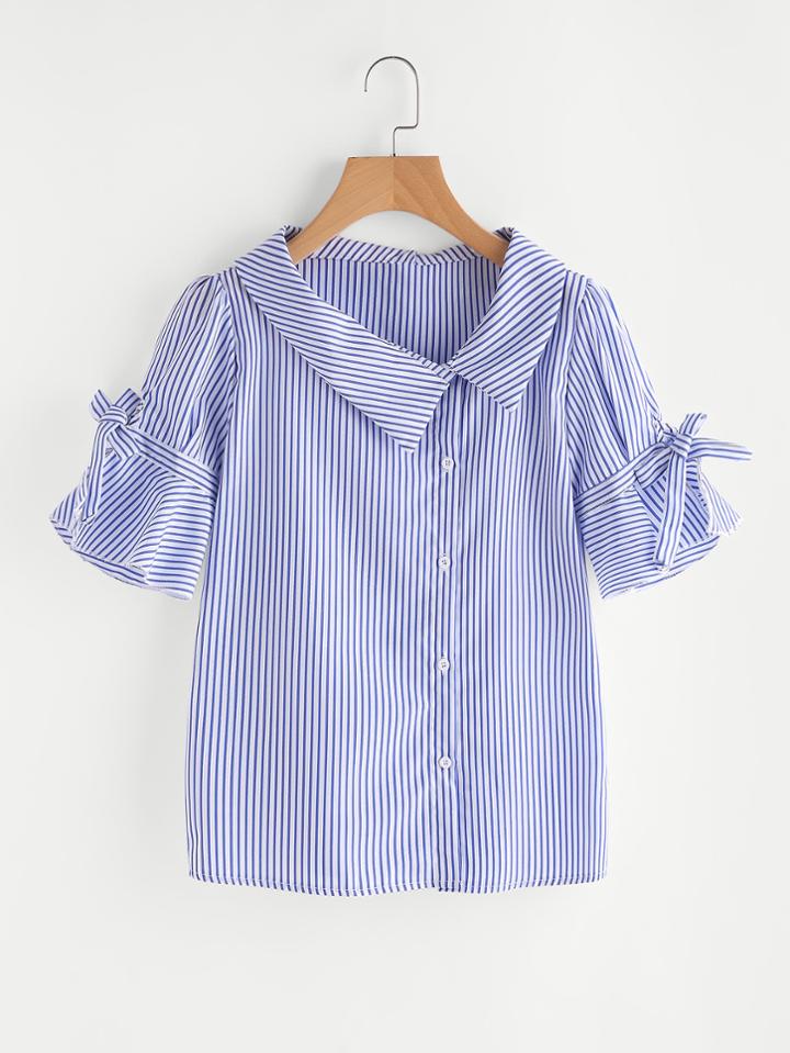 Shein Vertical Striped Tie Cuff Blouse