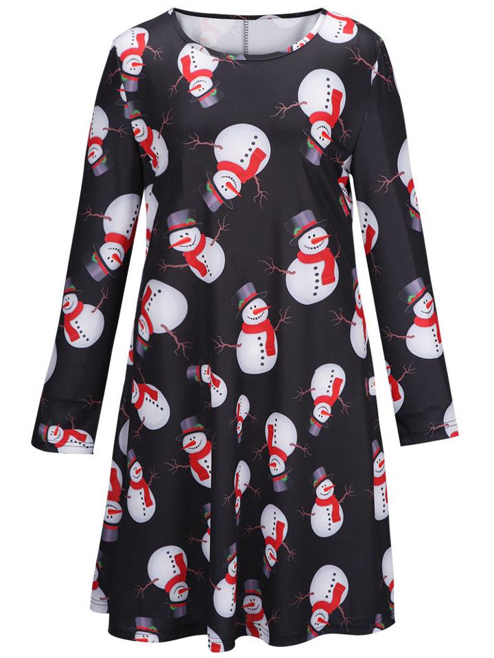 Shein Black Crew Neck Snowman Print Christmas Dress